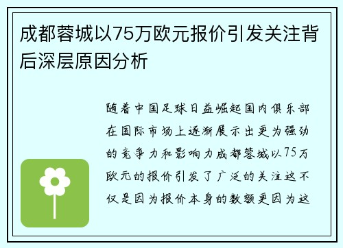 成都蓉城以75万欧元报价引发关注背后深层原因分析 成都蓉城以75万欧元报价引发关注背后深层原因分析